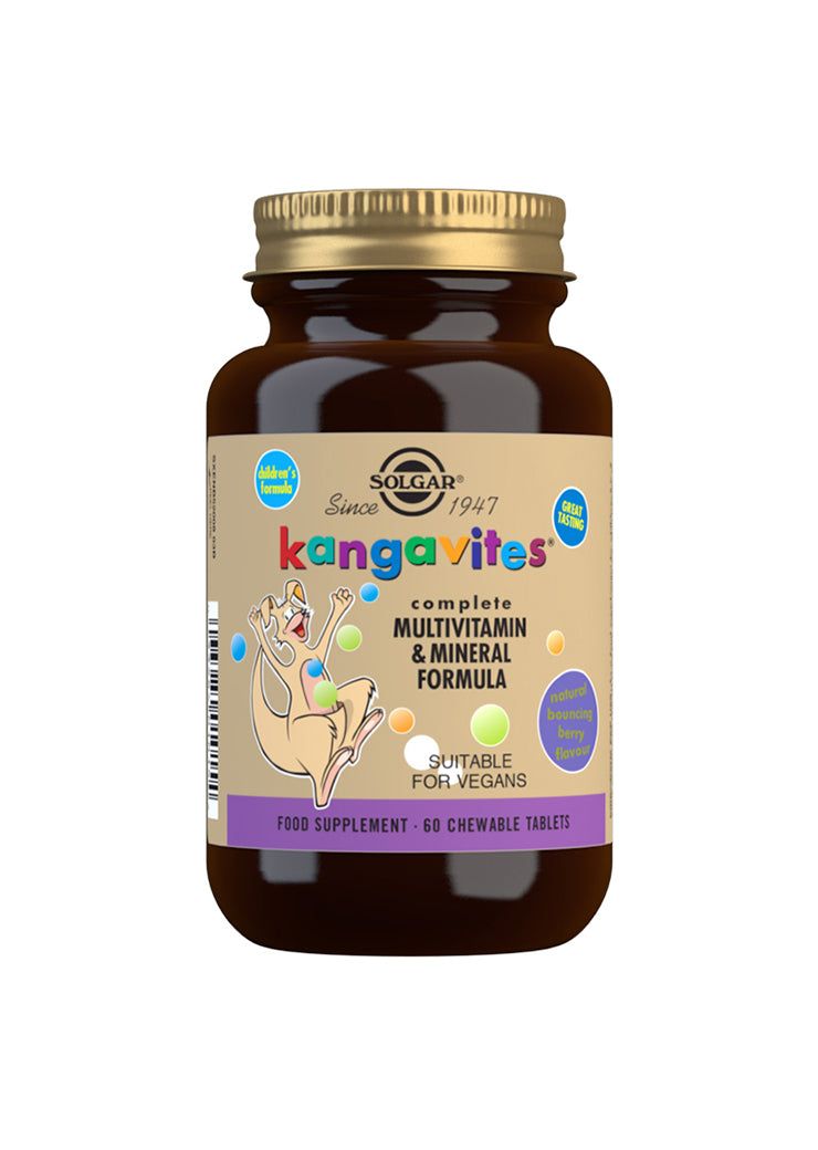Solgar Kangavites Multivitamiini & Kivennäisaine -pullo, kenguru-kuvitus etiketissä, 60 pureskeltavaa tablettia, vegaaninen, lapsille; ruskea sylinterinmuotoinen lasipullo