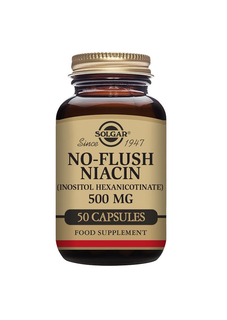 A brown glass bottle with a gold-colored metal screw cap and a glossy finish, cylindrical in shape. The label reads Solgar No-Flush Niacin (Inositol Hexanicotinate) 500 mg, 50 capsules, food supplement with inositol; the label uses serif and bold sans-serif typography. The product stands upright on a plain white background. No people or hands are present.