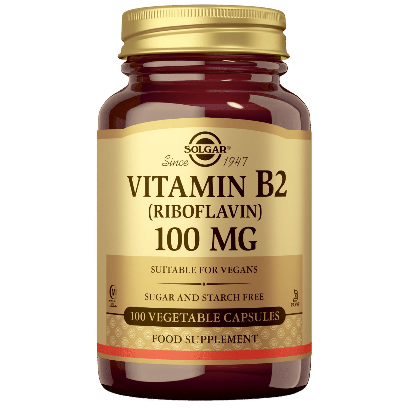 Solgar B2-vitamiini (Riboflaviini) 100 mg -pullo, ruskea, matta kultainen kierrekorkki; kultainen-tummanruskea väritys, antiikvateksti, 100 kasviskapselia, vegaaninen, sokeriton ja tärkkelyksetön