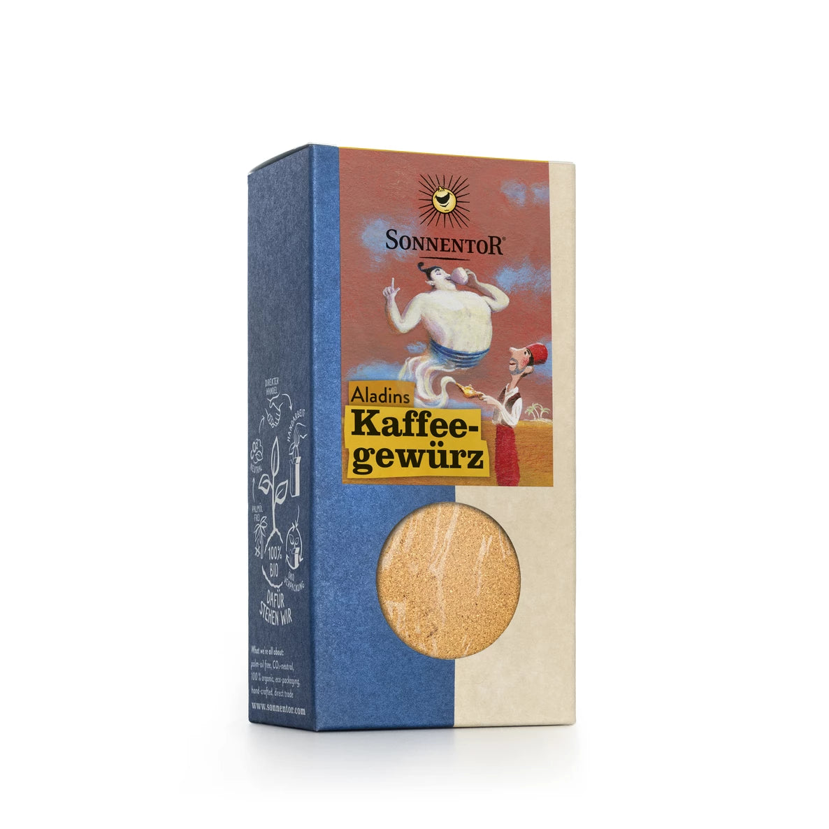 Laatikko Sonnentor Aladins Kaffeegewürz -mausteseosta, jossa on kuvitus henkiolennosta ja henkilöstä etupuolella, sekä pyöreä ikkuna näyttämässä tuoksuva mausteseos sisällä. Pakkaus on suorakulmainen sinisin ja beigein mattapinnoin, koristeellisin painetuin yksityiskohdin. Pääteviivatonta fonttia käytetään luettavassa tuotenimitekstissä. Tausta on valkoinen. Tuote on kuvattu edestä ilman ihmisiä tai käsiä.