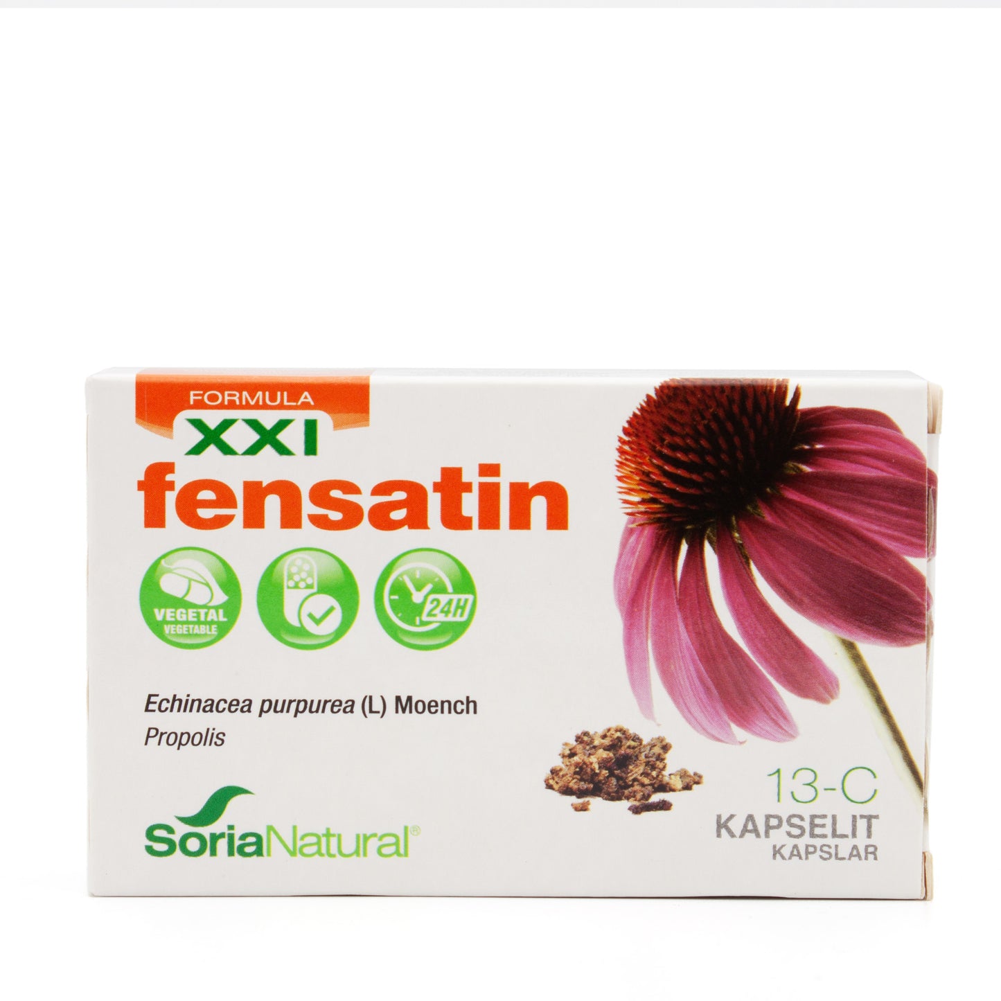 Soria Natural Fensatin; Soria Natural Fensatin -kapselipakkaus, kuvina punahatun kukka, propoliksen palasia ja vihreitä kuvakkeita kasvisravinnosta ja 24 tunnin vaikutuksesta; pakkaus valkoinen vihrein ja oranssein tekstein groteskifontilla; terävät reunat, mattapinta; vain tuote kuvassa vaalealla taustalla ilman ihmisiä.