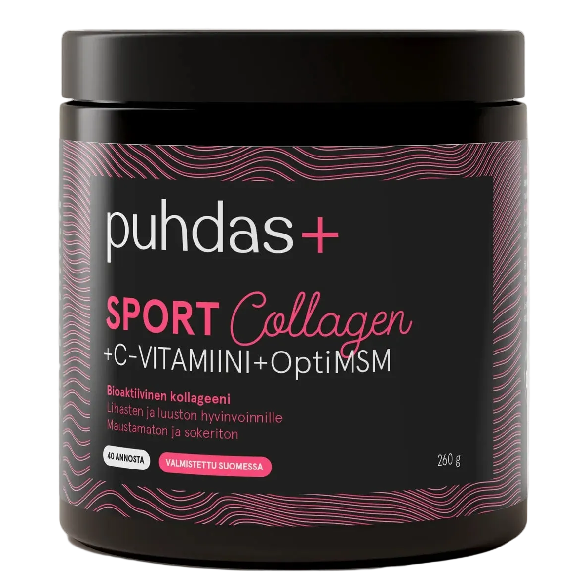 Puhdas+ Sport Collagen & C-vitamiini & OptiMSM -purkki; tyylikäs musta sylinterimäinen muovipurkki hydrolysoidulle kollageenille C-vitamiinilla ja OptiMSM:llä; pinta mattapintainen, kierrekansi; etiketissä lihavoitua pinkkiä ja valkoista tekstausvapaata typografiaa modernissa asettelussa; "260 g" selvästi merkitty sekä maininta "made in Finland"; tausta yksinkertainen; ei ihmisiä näkyvissä.