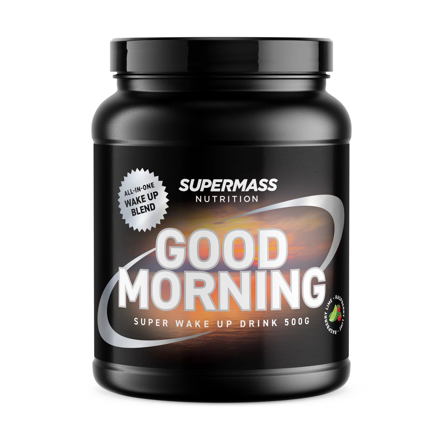 Supermass Nutrition Good Morning -herätysjuomajauhe, maku Raspberry-Lime; musta lieriömäinen muovipurkki kierrekannella, mattapinta; etiketissä 500g super wake up drink, all-in-one wake up blend ja maininta luonnollisesta makeutuksesta, valkoista ja keltaista tekstiä; kuvattu suoraan edestä vaalealla taustalla.
