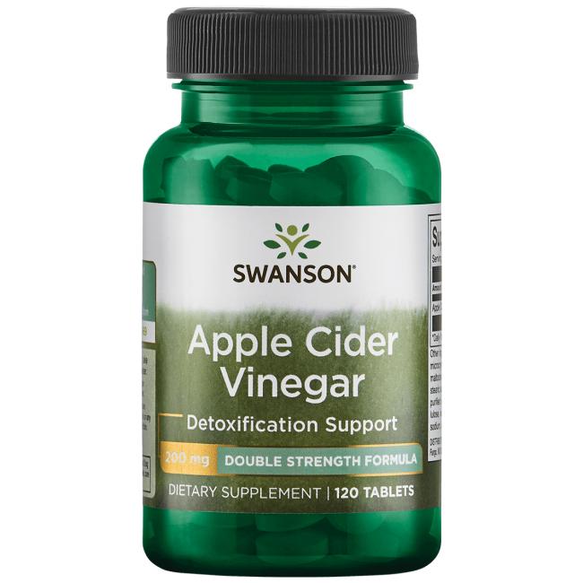 Swanson Apple Cider Vinegar 200 mg; muovipullo sylinterinmuotoisena vihreällä puolikiiltävällä pinnalla ja tummanvihreällä korkilla; etiketissä lukee "Swanson Apple Cider Vinegar", "Double Strength 200 mg" ja "120 tablets" selkein lihavoiduin kirjasimin valkoisella taustalla; tuote asetettu tasaiselle pinnalle, ei ihmisiä tai toimintaa näkyvissä; vihreä pullo omenaviinietikkatabletteja detox-tueksi, kaksinkertaisella vahvuudella, sisältää 120 tablettia päivittäiseen hyvinvointiin.