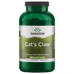Swanson Cat's Claw 500 mg; vihreä pullo kissankynsi-yrttilisäravinnetta, merkitty ruoansulatuksen ja immuunijärjestelmän terveyden tueksi, 500 mg per kapseli, sisältää 250 kapselia; muovipullo tummanvihreällä korkilla ja kiiltäväpinnalla, sylinterinmuoto; etiketissä mustaa ja kultaista tekstiä yksinkertaisin groteskikirjasimin valko- ja keltatausta-osioin; studiokuva valkoisella taustalla, ei ihmisiä tai käsiä näkyvissä.