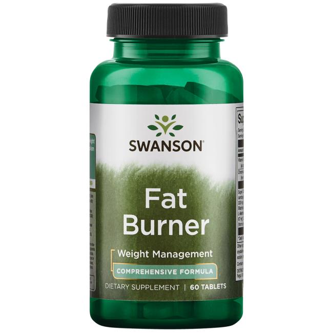 Swanson Fat Burner; vihreä muovipullo mattapinnalla ja sylinterin muotoinen, päällä kiinteä musta kierrekorkki; etiketissä lukee ”Swanson Fat Burner Weight Management Comprehensive Formula” ja ”60 dietary supplement tablets”, teksti valkoisella ja vihreällä groteskilla vaaleasta tummaan vihreään vaihtuvaa taustaa vasten; ei ihmisiä tai käsiä, neutraali studiotausta, suora edestä otettu tuotekuva.