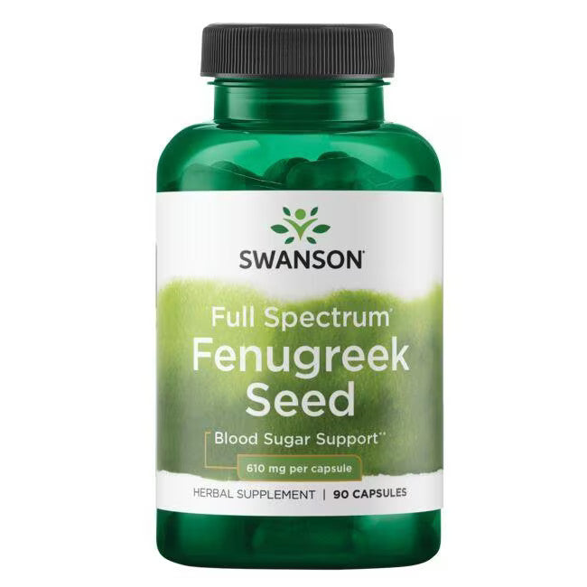 Swanson Fenugreek Seed; Swanson Full Spectrum Fenugreek Seed -yrttiravintolisäpullo; vihreä muovipullo kiiltopinnalla, sylinterin muotoinen mustalla kierrekorkilla; valkoisessa etiketissä mustaa ja vihreää groteskitekstiä, luettavissa ”Fenugreek Seed”, ”90 capsules” ja ”610 mg” sekä maininta verensokerin ja hyvinvoinnin tuesta; valkoinen tausta, ei ihmisiä tai käsiä.