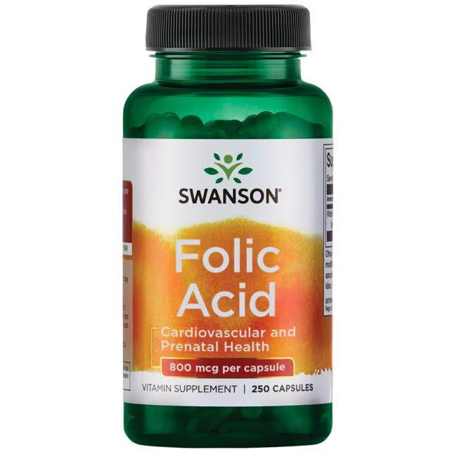 Swanson Folic Acid; vihreä kiiltopintainen muovipullo sylinterin muotoinen tummanvihreällä kierrekorkilla; etuetiketissä Swanson-logo, ”Folic Acid”, annostustieto (800 mcg), kapselimäärä (250) ja maininta sydän- ja raskausajan terveyden tuesta; teksti pääosin valkoinen keltaisin korostuksin selkeällä groteskilla; valkoinen tausta, ei ihmisiä tai muita esineitä.