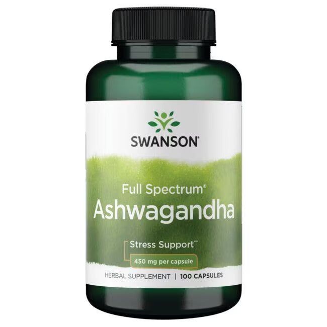 Swanson Full Spectrum Ashwagandha 450 mg; vihreä pullo tekstillä Swanson Full Spectrum Ashwagandha, sisältää 100 kapselia luonnollisen stressinsiedon tueksi, 450 mg kapselia kohti; muovipullo mattapinnalla sylinterin muotoinen tummanvihreällä korkilla; valkoinen etiketti lihavoidulla painetulla tekstillä ja kultaisin korostuksin; valkoinen tausta ilman näkyvää ympäristöä tai ihmisiä; kuva keskitetty.