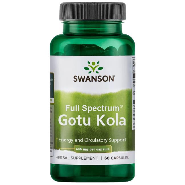 A green plastic bottle of Swanson Full Spectrum Gotu Kola herbal supplement with a matte finish, cylindrical shape, and green screw cap. White label with dark green and gold text in bold, sans-serif font. Label states energy, circulatory support, cognitive function; 60 capsules at 435 mg each. Bottle placed against plain white background in a product-only shot.