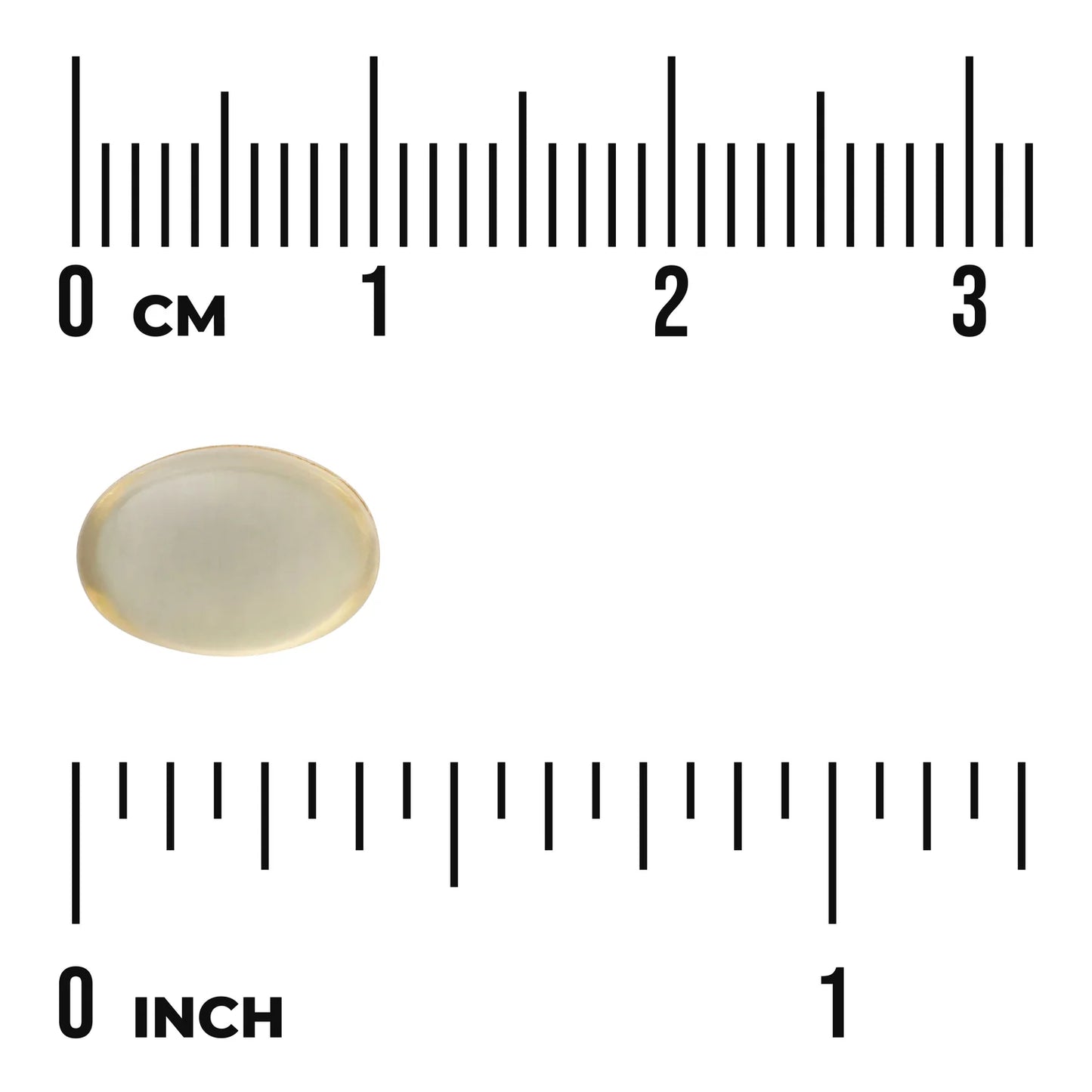 Swanson Garlic Oil Concentrate 500 mg; läpikuultava soikea esine aseteltu sentti- ja tuumamerkinnöin varustettujen viivainten viereen, korostaen noin 1 senttimetrin eli alle puolen tuuman kokoa; esineen pinta sileä ja kiiltävä ilman näkyvää pakkausta tai etikettiä; viivaimet muovia mustin mittamerkinnöin; tausta valkoinen, kuva läheltä ilman ihmisiä.