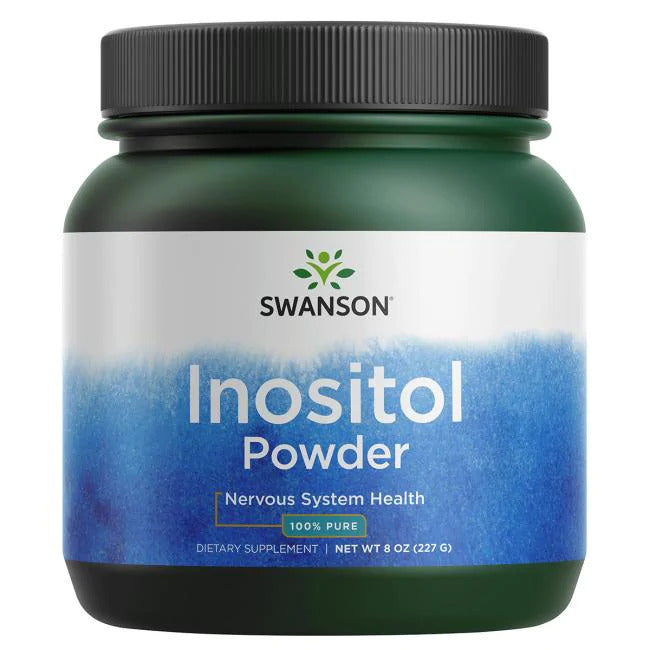 Swanson Inositol Powder; purkki inositolijauhetta, merkitty hermoston terveydelle ja energiantuelle, 100 % puhdasta, 8 unssia (227 g), sini-valkoinen designi astian pinnalla; muovipurkki on sylinterinmuotoinen kierrekannella; etiketissä lihavoitua groteskitekstiä mustana ja sinisenä mattapintaisella taustalla; ei ihmisiä tai käsiä näkyvissä; valkoinen tausta, tuote keskitettynä kuvaan.