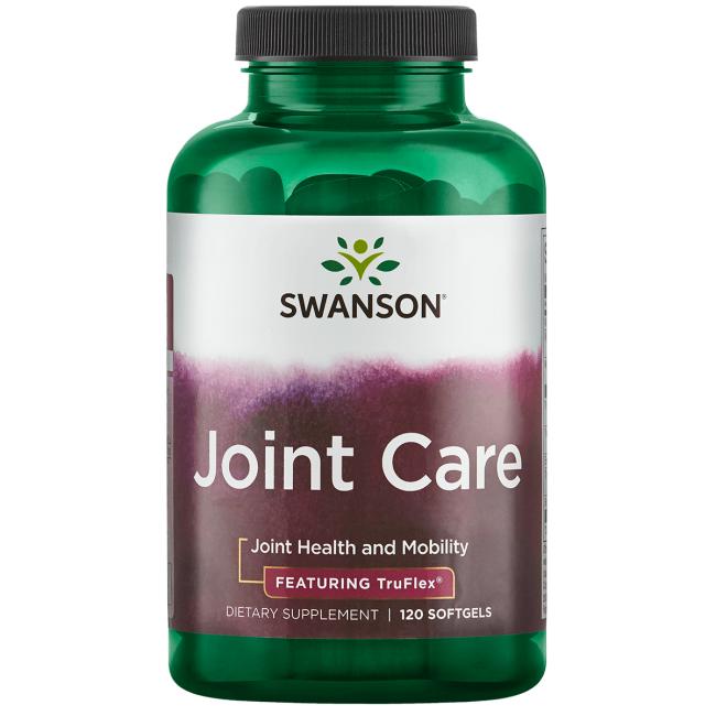 Swanson Joint Care; vihreä muovipullo mattapinnalla, lieriömäinen muoto ja vastaava vihreä kierrekansi; etuetiketissä lukee Swanson Joint Care, 120 pehmeäkapselia, edistää nivelten terveyttä ja liikkuvuutta, sisältää TruFlexia edistyneeseen tukeen; etikettiteksti lihavoitua groteskia joitakin kursiivielementtejä sisältäen; ei ihmisiä tai käsiä; valkoinen tausta.