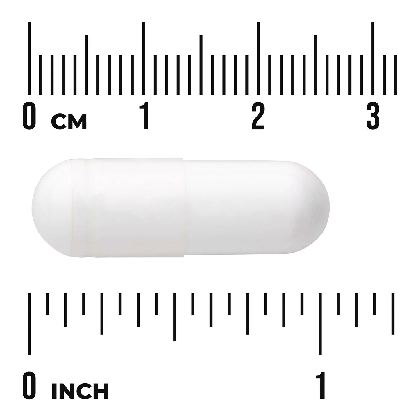 Swanson L-Arginine & L-Ornithine; valkoinen kapselipilleri kuvattu valkoista taustaa vasten, sentti- ja tuumamerkintäisin viivaimin yläpuolella ja alapuolella, osoittaen tabletin noin 2,3 senttimetrin eli 0,9 tuuman pituuden; pillerissä sileä, kiiltävä pinta ja pitkänomainen soikea muoto; ei näkyvää tekstiä tai brändäystä kapselissa tai kuvassa; ei käsiä, ihmisiä, pakkausta tai muita esineitä.