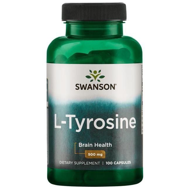 A green plastic bottle with a matte finish, cylindrical shape, closed with a dark green cap. The label displays clear sans-serif text in white, gold, and black. Swanson brand name is prominent at the top. The label includes: Brain Health, 500 mg, 100 capsules, supports healthy cognitive function. Plain white background; no people or extra objects visible.