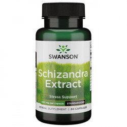 Swanson Schizandra Extract 500 mg; pullo Swanson Schizandra Extract -yrttilisäravinnetta, adaptogeeninen tuki stressiin, 60 kapselia; vihreä muovipullo kiiltäväpintainen ja tumma kierrekorkki; etusivun etiketissä valkoista ja kultaista tekstiä, Swanson-logo ja tuotetiedot selkeällä perusfontilla; tausta tasainen valkoinen, studiokuva, ei ihmisiä tai käsiä.