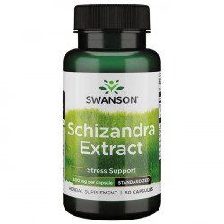 Swanson Schizandra Extract 500 mg; pullo Swanson Schizandra Extract -yrttilisäravinnetta, adaptogeeninen tuki stressiin, 60 kapselia; vihreä muovipullo kiiltäväpintainen ja tumma kierrekorkki; etusivun etiketissä valkoista ja kultaista tekstiä, Swanson-logo ja tuotetiedot selkeällä perusfontilla; tausta tasainen valkoinen, studiokuva, ei ihmisiä tai käsiä.