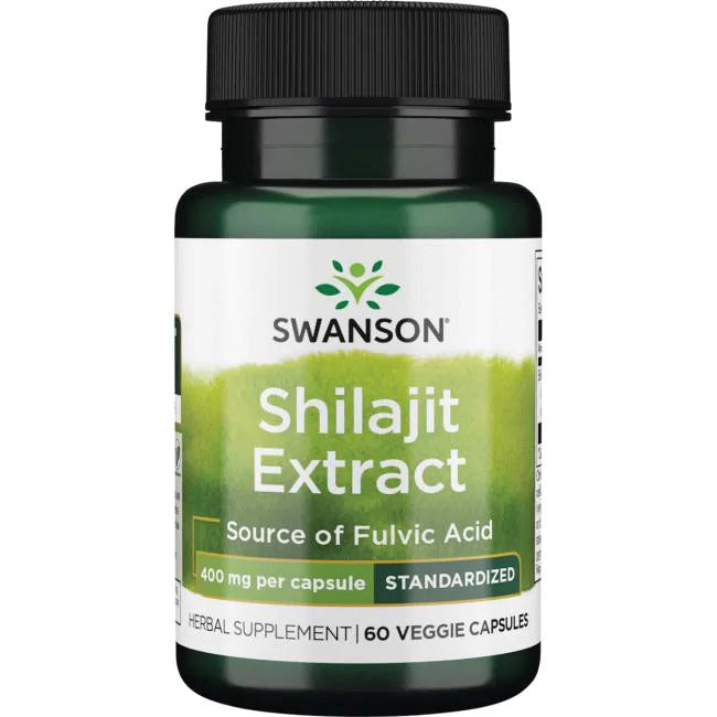 Swanson Shilajit Extract 400 mg; pullo, sisältää fulvohappoa, 400 mg per kapseli, laadunvarmistettu, 60 kasviskapselia; pullo on sylinterinmuotoinen tummanvihreää muovia kiiltäväpinnalla ja mustalla kierrekorkilla; etiketti on valkoinen ja beige lihavoiduin serif- ja groteskikirjasimin; kuva näyttää koko tuotteen pystyssä valkoisella studiotaustalla, ei ihmisiä tai käsiä näkyvissä.