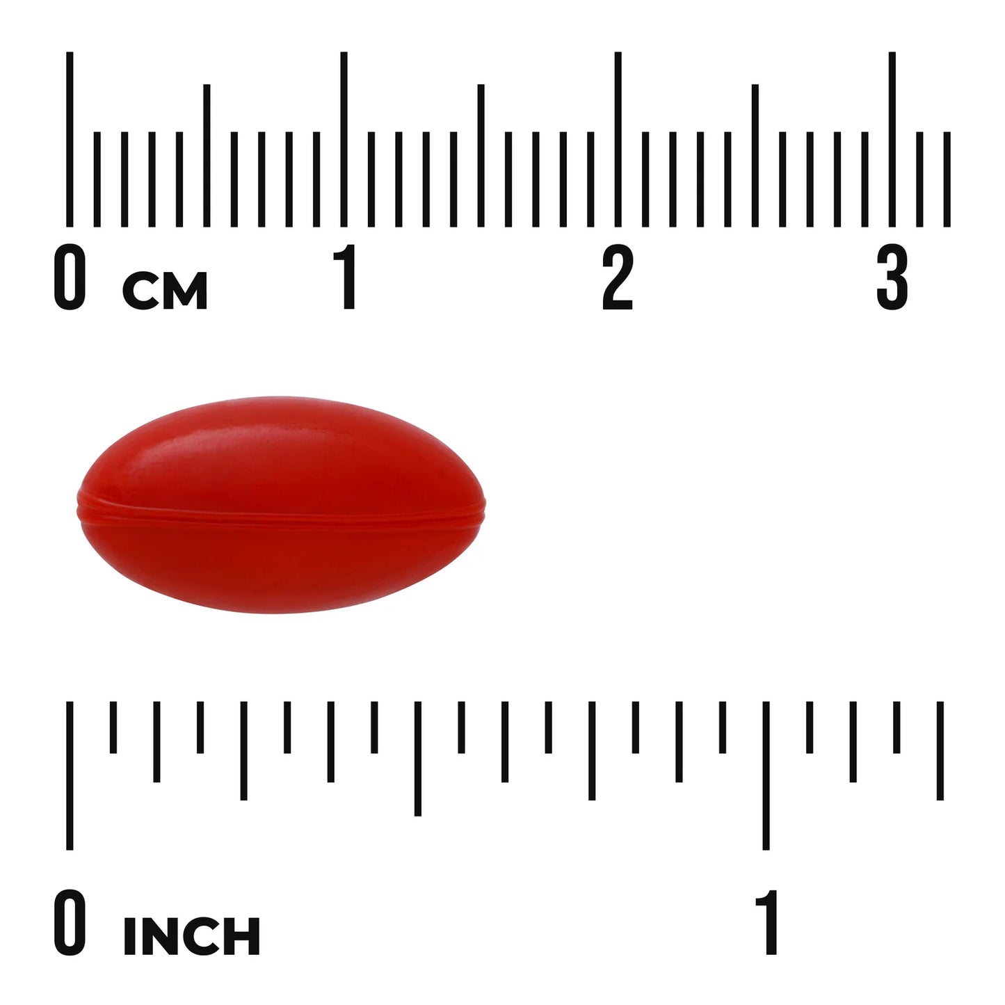 Swanson Synergistic Eye Health Lutein & Zeaxanthiin; punainen soikea pilleri aseteltu kahden viivaimen väliin, mittaa noin 2 senttimetriä eli alle 1 tuuman; pillerin pinta kiiltävä ja sileä ilman näkyvää tekstiä tai merkintöjä; viivaimet tavanomaista muovia selkein mustin mitta-asteikoin; tausta valkoinen tasaisessa valaistuksessa ilman muita esineitä tai käsiä.