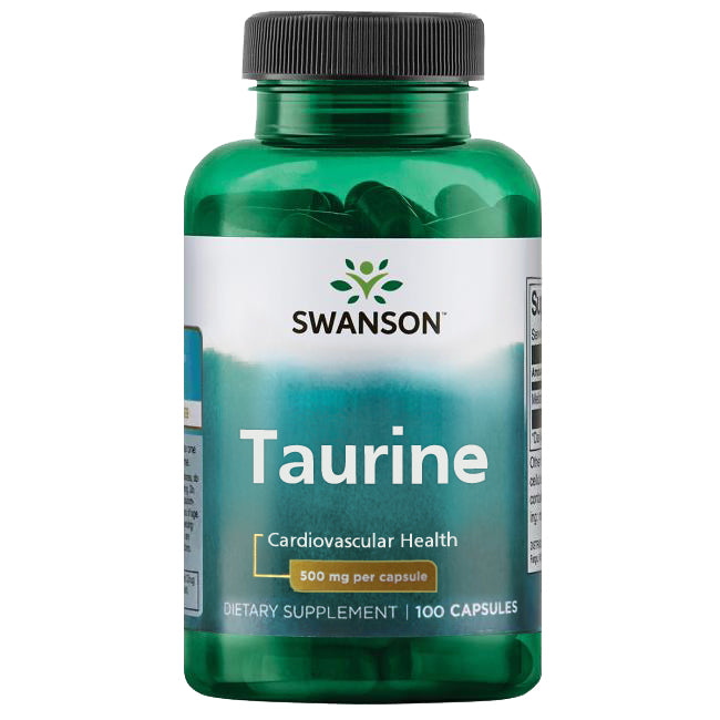 Swanson Taurine 500 mg; vihreä muovipullo kiiltäväpinnalla, sylinterinmuoto ja kierrekorkki; etiketissä Swanson-brändinimi lihavoidulla kirjasimella valko-kultaisin korostein; teksti kertoo tauriinilisäravinteesta sydän- ja verisuoni- sekä hermostoterveyden tueksi, sisältää 100 kapselia annoksella 500 mg; valkoinen tausta, ei ihmisiä tai käsiä näkyvissä.