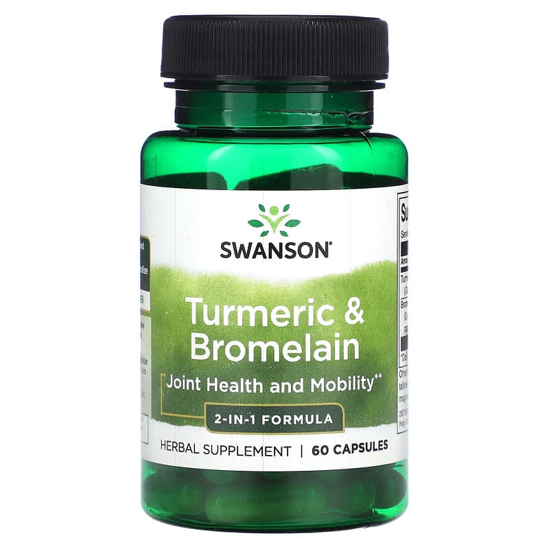 Swanson Turmeric & Bromelain; vihreä muovipullo yrttiravintolisää mattaetiketillä ja mustalla kierrekorkilla; etiketissä valko-kultaista groteskitekstiä, joka listaa nivelterveyden, liikkuvuuden tuen, 2-in-1-kaavan ja 60 kapselia; pullo on sylinterinmuotoinen; ei ihmisiä tai käsiä; neutraali tausta, tuote keskitettynä kuvassa.