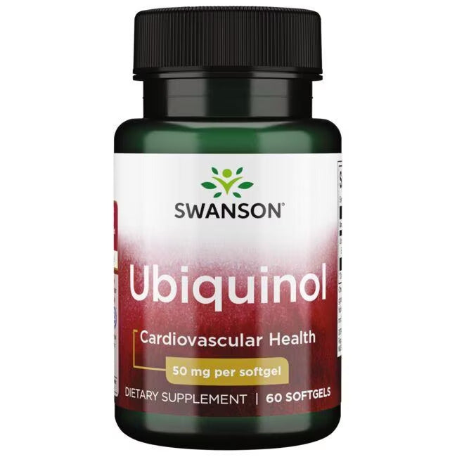 Swanson Ubiquinol 50 mg; Swanson Ubiquinol -ravintolisäpullo, merkitty sydän- ja verisuoniterveyden sekä energian tueksi; sisältää 60 pehmeäkapselia, kukin 50 mg; pullo vihreä mustalla korkilla; etiketissä lihavoitua ja tavallista groteskitekstiiä eri kokoina; pakkauksen pinta matta; ei ihmisiä tai käsiä kuvassa.