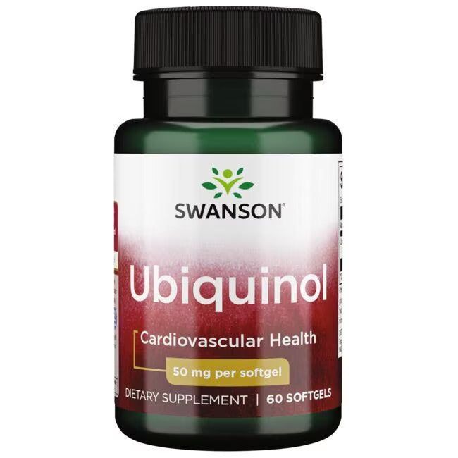 Swanson Ubiquinol 50 mg; Swanson Ubiquinol -ravintolisäpullo, merkitty sydän- ja verisuoniterveyden sekä energian tueksi; sisältää 60 pehmeäkapselia, kukin 50 mg; pullo vihreä mustalla korkilla; etiketissä lihavoitua ja tavallista groteskitekstiiä eri kokoina; pakkauksen pinta matta; ei ihmisiä tai käsiä kuvassa.