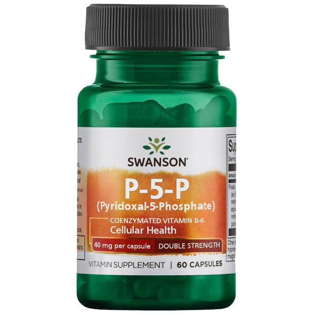 A green plastic bottle, cylindrical with a screw-on cap, holds dietary supplement capsules. The label is white with green and gold accents, featuring bold and regular fonts in black and dark green. Visible label text: Swanson P-5-P (Pyridoxal-5-Phosphate), Vitamin B-6, 40 mg per capsule, 60 capsules per bottle, cellular health, double strength support. The product is shot on a plain white background.