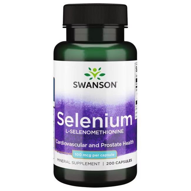 A bottle of Swanson Selenium L-Selenomethionine supplement, labeled for cardiovascular and prostate health support, 100 mcg per capsule, 200 capsules. Opaque white plastic bottle with a dark green screw cap; the label is matte with “Swanson” in large serif font at the top and smaller sans-serif text below. Photo features only the bottle against a plain white background.