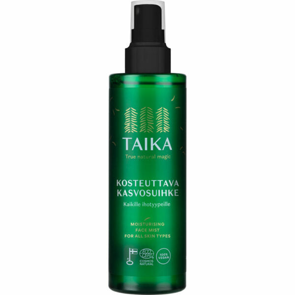 Taika Kosteuttava Kasvosuihke; vihreä pullo Taika Moisturising Face Mist -tuotetta mustalla suihkekorkilla, etiketti suomeksi ja englanniksi, sopii kaikille ihotyypeille; pullo lieriömäinen mattapinnalla; etiketissä puukuvituksia, yksinkertaista groteskityyppografiaa sekä merkintä 100 % vegaaninen ja sertifioitu luonnonkosmetiikka; ei ihmisiä tai käsiä; tausta tasainen ja neutraali.