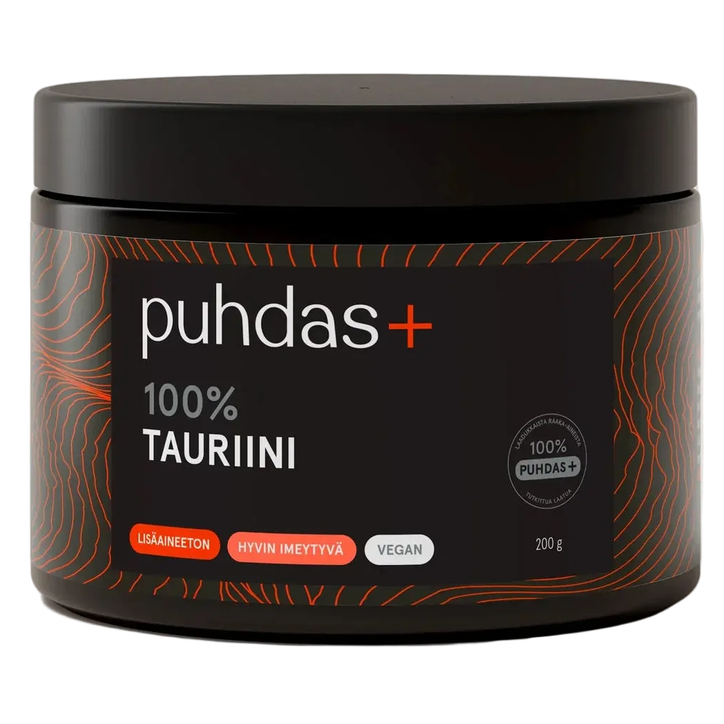 puhdas+ 100% TAURIINI -purkki, musta sylinterimäinen muoviastia mattapinnalla; etiketissä lukee oranssilla ja valkoisella lihavoidulla modernilla tekstausvapaalla tekstillä; etupuolella lisätietoa vegaanisuudesta, lisäaineettomuudesta ja hyvästä imeytyvyydestä; ilmoitettu sisältö 200 g; ei ihmisiä tai käsiä näkyvissä; yhtenäinen neutraali tausta, lähikuva tuotteesta.