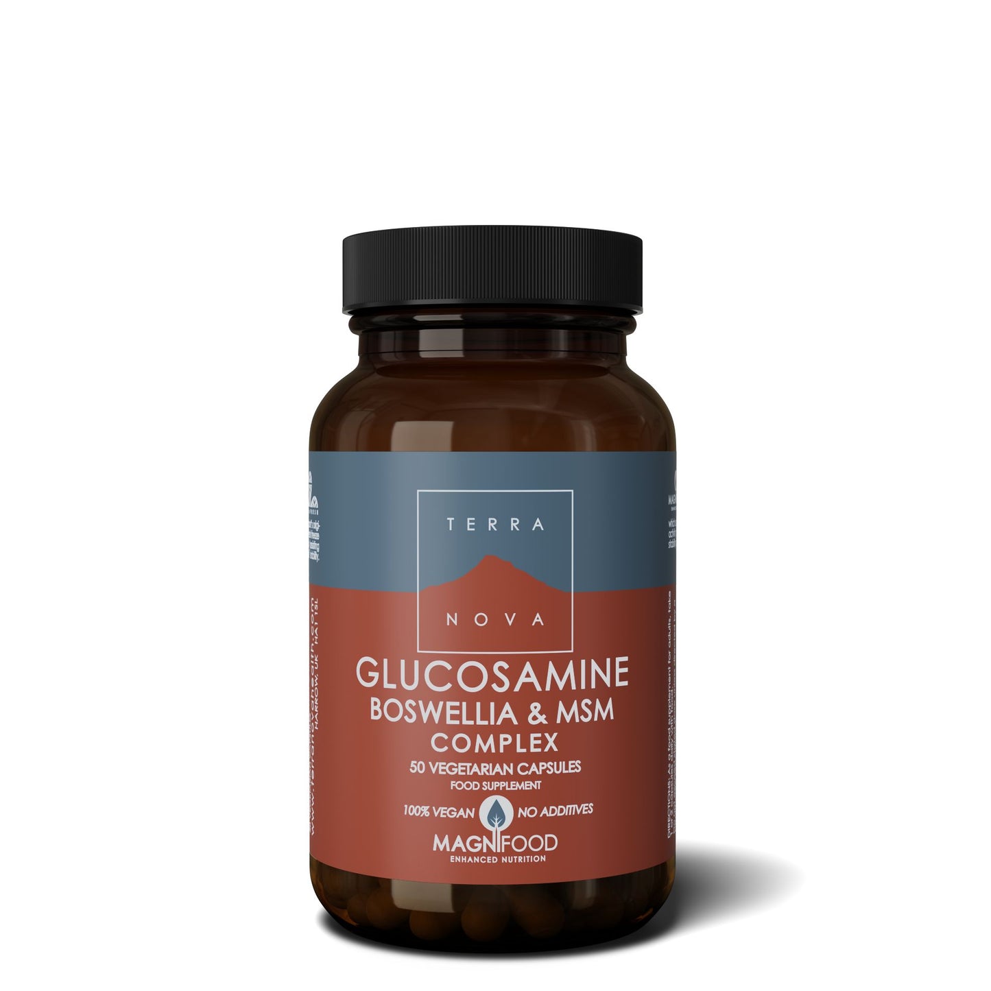 Terranova Glukosamiini, Boswellia & MSM Complex -pullo, tumma ruskea lasi, mattapaperietiketti vihreä-viininpunaisin väein; groteskiteksti, 100 % vegaaninen, lisäaineeton, 50 vegetaarista kapselia