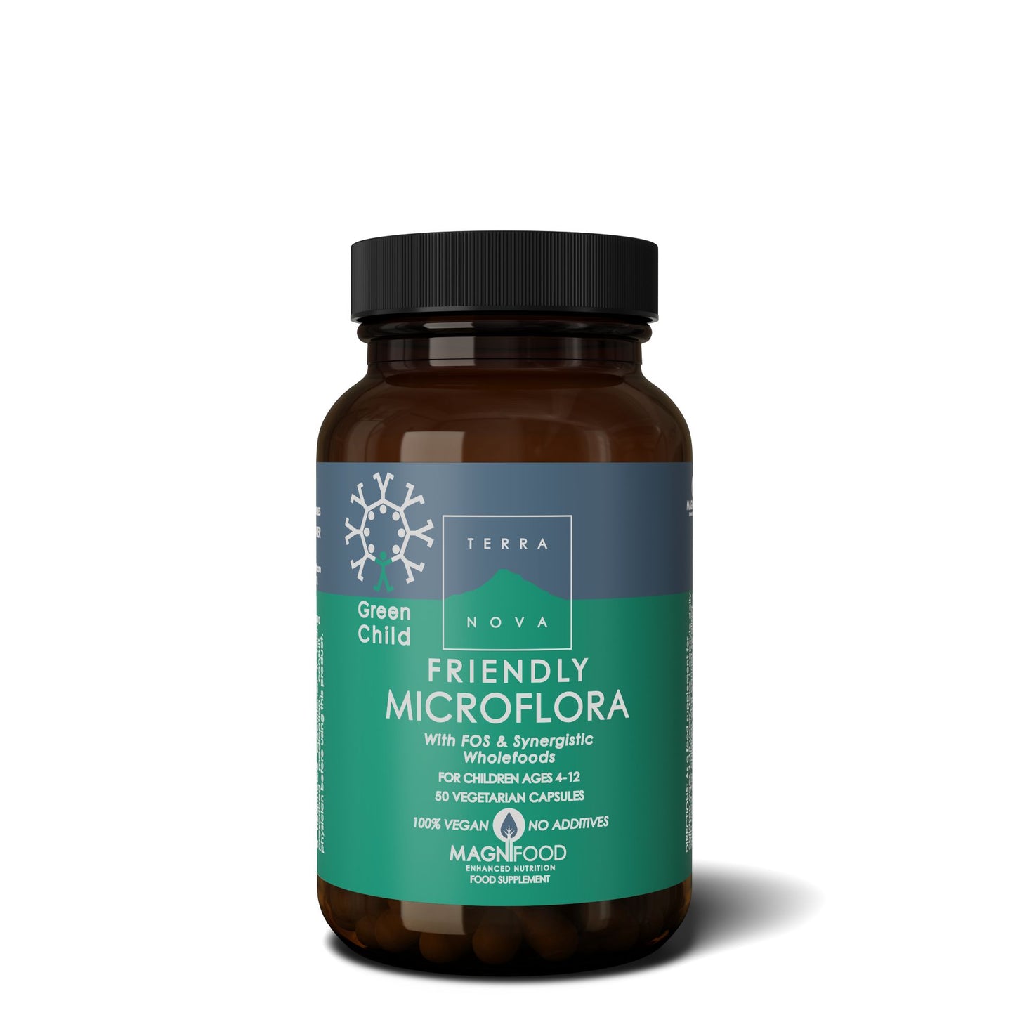Terranova Green Child Friendly Microflora -pullo, ruskea muovi, vihreät korostukset, kierrekorkki; 50 vegetaarista kapselia, 4–12-vuotiaille lapsille, 100 % vegaaninen ja lisäaineeton, groteskiteksti