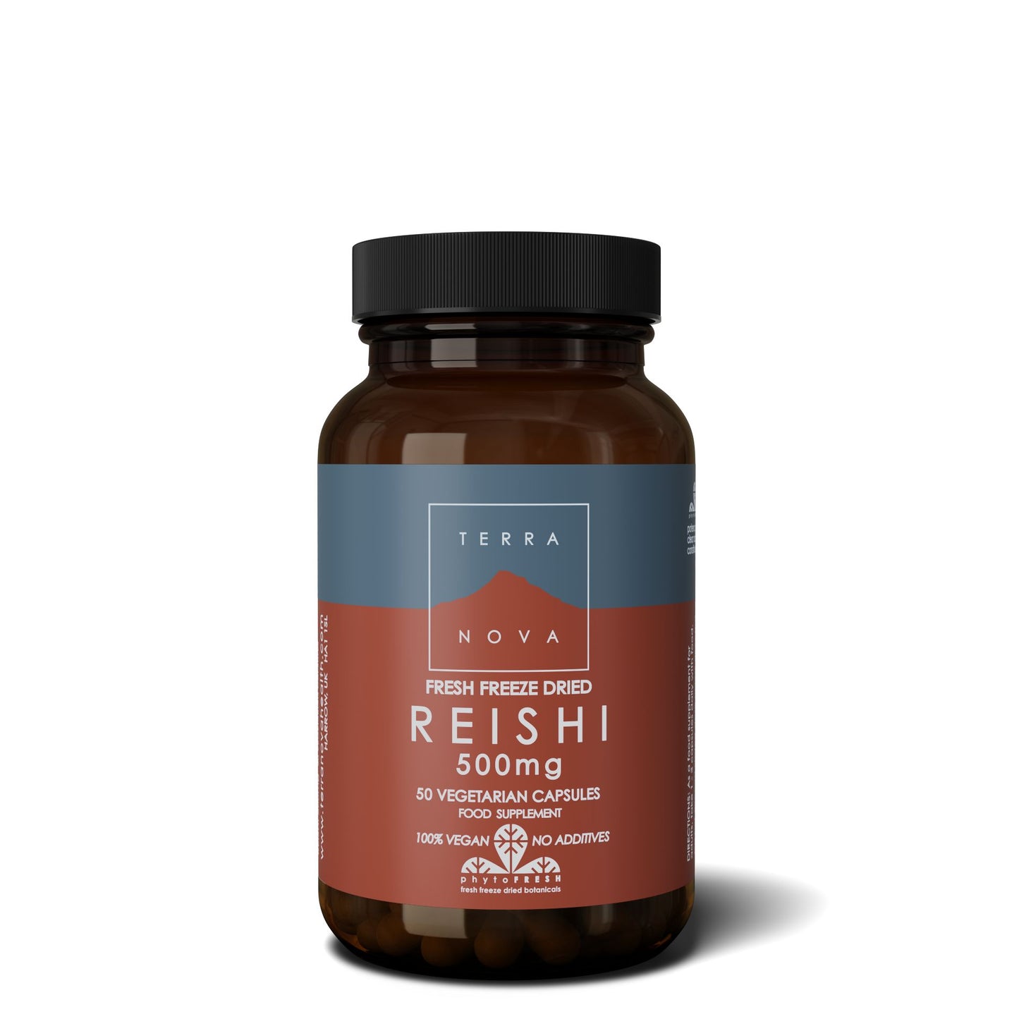 Terranova Reishi (pakastekuivattu, 500 mg) -pullo, tumma, mattapinta, kierrekorkki; punainen-sininen geometrinen etiketti lihavoidulla groteskitekstillä, 50 vegetaarista kapselia, 100 % vegaaninen, lisäaineeton