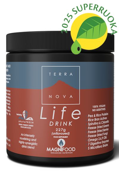Terranova Life Drink (mauton), 227 g; musta mattapintainen purkki, valkoinen-punainen teksti ravintosisällöstä, vihreä "2025 SUPERRUOKA" -merkki