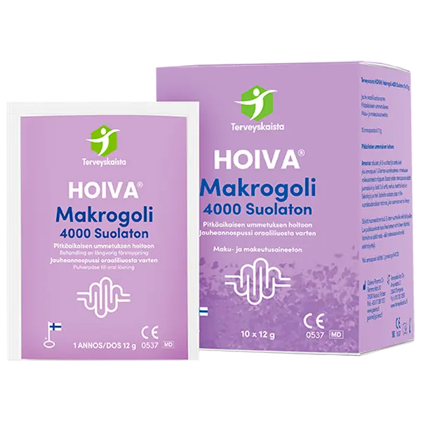 Terveyskaista HOIVA® Makrogoli: kaksi violettia Hoiva Makrogoli 4000 Sualaton -pakkausta, suomalainen ruoansulatuksen tuotteeksi tarkoitettu tuote, valkoinen ja vihreä logo ja teksti, rinnakkain; toinen on terävälinjainen mattapintainen rasia, toinen kertaannospussi rypytetyin päin; molemmissa lihavoitu groteskikirjasin; valkoinen tausta, ei ihmisiä tai käsiä näkyvissä, kuvattu edestäpäin silmän korkeudelta.