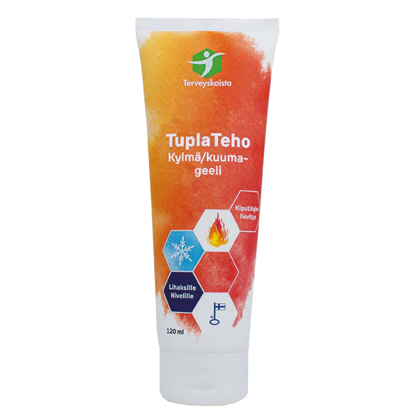 Terveyskaista TuplaTeho Kylmä/Kuumageeli; tuubi suomenkielisin tekstein, 120 ml, punais-oranssi liukuväri kiiltävällä muovipinnalla; keskellä kuusikulmiokuvakkeet esittävät jäätä ja lämpöä; "Terveyskaista"-logo yläosassa lihavoidulla kirjasimella; tuotekuvaukset suomeksi etiketissä; kuva valkoisella taustalla, ei ihmisiä näkyvissä.