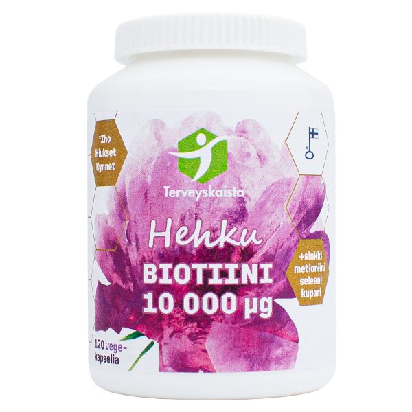 Terveyskaista HEHKU Biotiini 10.000 mikrog; valkoinen muovipullo mattapinnalla tekstillä "Hehku Biotiini 10 000 µg" pystyssä; etiketissä vaaleanpunainen tyylitelty kukkakuvio ja suomenkielinen teksti, selkeä maininta 120 vege-kapselista sekä lisätystä seleenistä, kuparista ja muista ainesosista; kirjasin nykyaikaista groteskia; pelkistetty tausta tasaisesti valaistuna, ei ihmisiä tai käsiä kuvassa.
