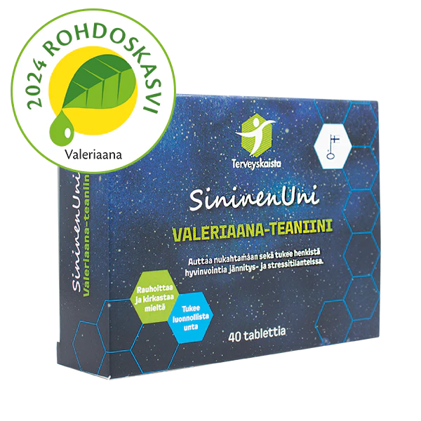 SininenUni Valeriaana-Teaniini -pakkaus, suomenkielistä tekstiä, vihreä "2024 Rohdoskasvi" -tunnus ja sininen pakkaus kuusikulmaisin kuvioin; laatikko suorakulmainen mattapinnalla; tekstausvapaata typografiaa pääteksteissä; ei ihmisiä tai käsiä näkyvissä; tuote yksinään yksinkertaista taustaa vasten studiokuvassa.