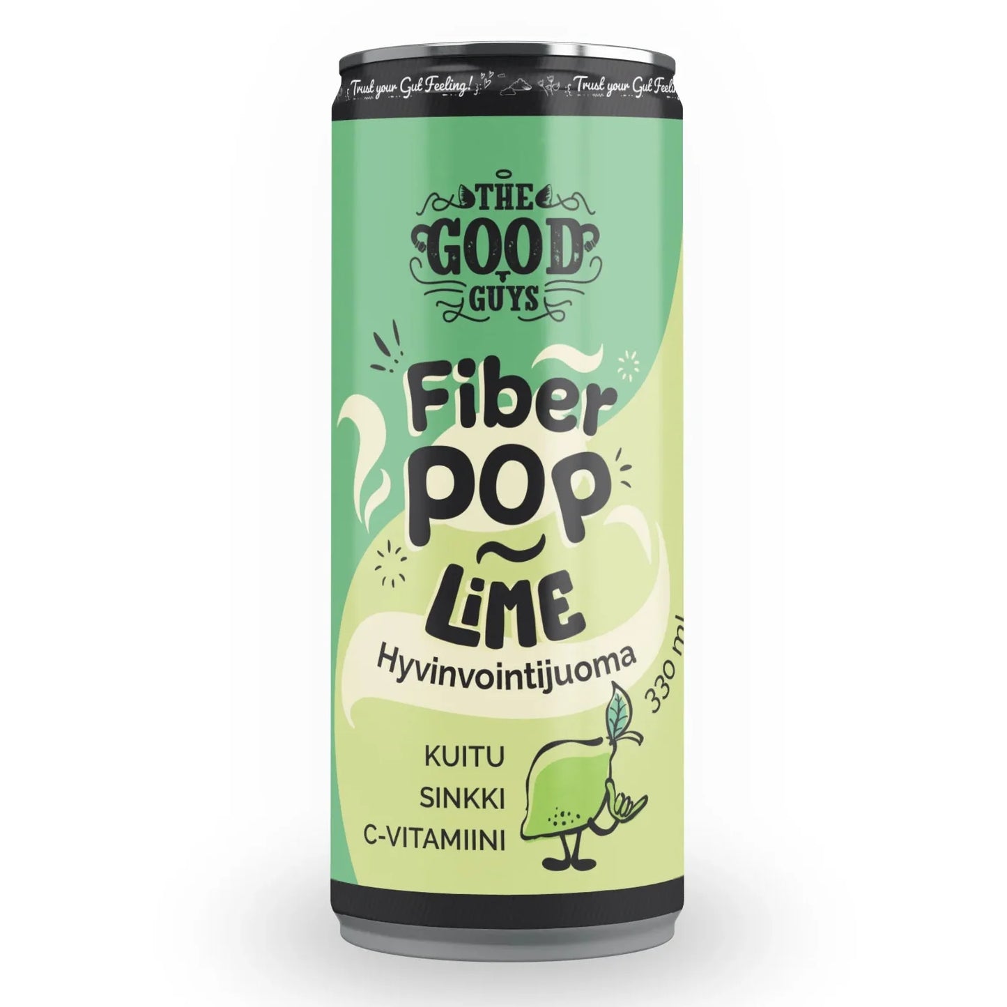 Vihreä alumiinitölkki, jossa lukee The Good Guys Fiber Pop Lime, kiiltäväpintainen, tavanomainen lieriömäinen muoto ja eloisia limegrafiikoita. Suomen- ja englanninkielinen teksti mainitsee kuidun, sinkin ja C-vitamiinin pitoisuuden. Etiketti on lihavoitua pääteviivatonta fonttia. Tilavuudeksi on merkitty 330 ml. Tuote on eristetty yksiväriselle taustalle studiotyyliseen kuvaan. Ihmisiä tai käsiä ei näy.