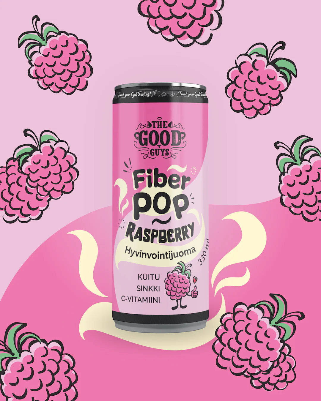 The Good Guys Fiber Pop Raspberry; sylinterin muotoinen matta vaaleanpunainen tölkki tekstillä ”Fiber pop Raspberry” ja ravintokorostuksin lihavoidulla groteskitekstillä; pinnalla vadelmakuvituksia; etiketissä mainitaan kuitu, sinkki ja C-vitamiini; tuote kuvattu tasaisella vaaleanpunaisella taustalla kuvitettujen vadelmien ympäröimänä; ei ihmisiä tai käsiä kuvassa.