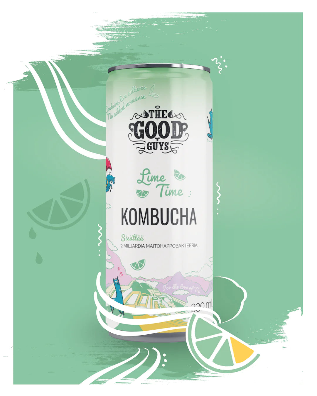 The Good Guys Luomu Kombucha Lime Time; tölkki vihreä-valkoisella ulkoasulla eloisan vihreän siveltimenvedon taustaa vasten, koristeltu limeviipalein ja leikkisin kombutshakuvituksin; alumiinitölkki lieriön muotoisena mattapinnalla; etiketissä groteskitekstiä lihavoituna ja tavallisena; kuvassa vain tuote, ei ihmisiä tai käsiä; kaikki pinnat siistit ja vääristymättömät.