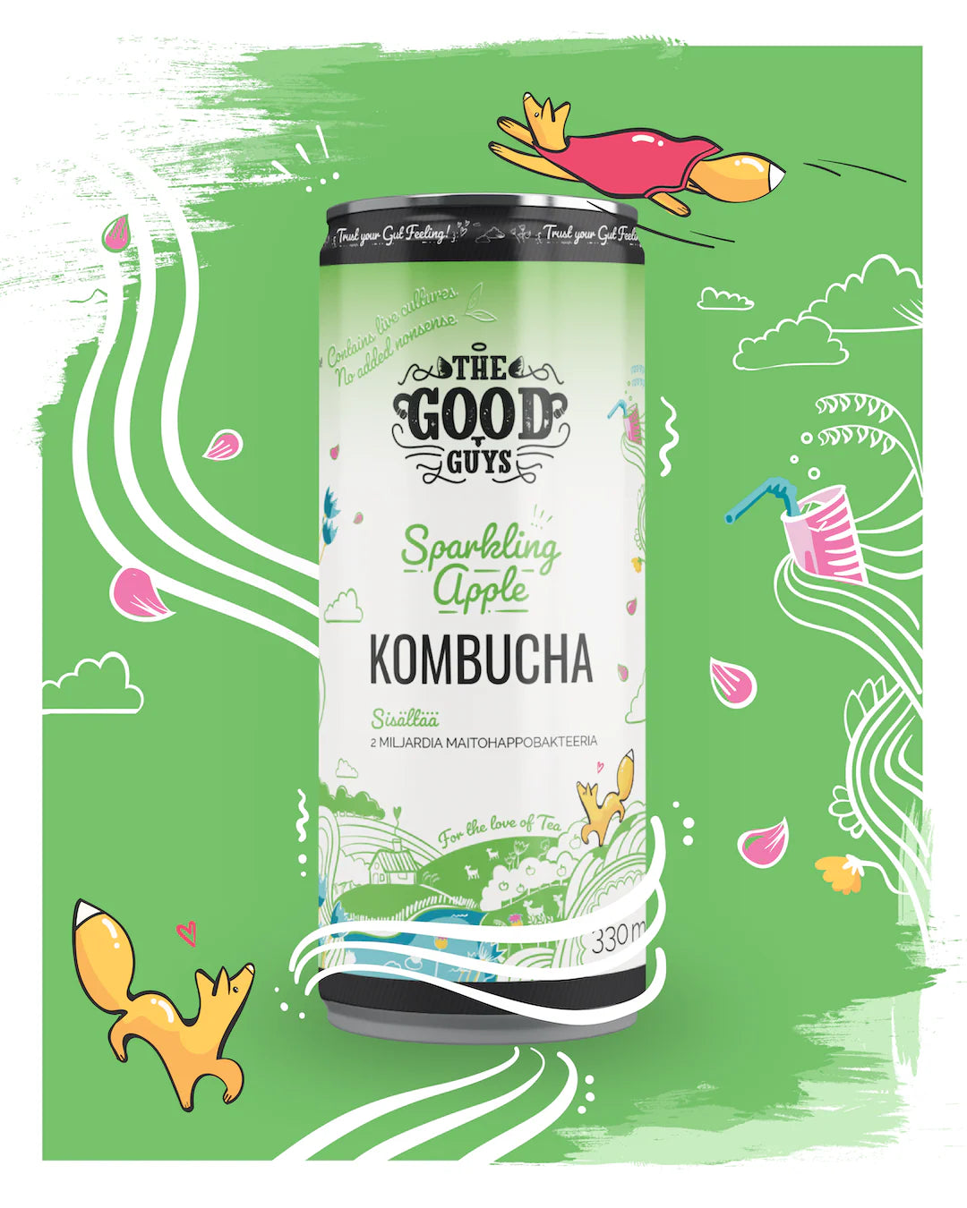 The Good Guys Luomu Kombucha Sparkling Apple; tölkki The Good Guys Sparkling Apple Kombuchaa vihreää, kuvitettua taustaa vasten sarjakuvalintuineen, lehtineen, pillillisen kupin ja leikkisin kiemuroin; tölkki korostaa probiootteja ja kombuchaa 330 millilitran koossa; sylinterin muotoinen metallitölkki mattapinnalla; etiketissä lihavoitua valkoista ja mustaa groteskitypografiaa; ei ihmisiä tai käsiä; studiotyylinen tuotekuva.