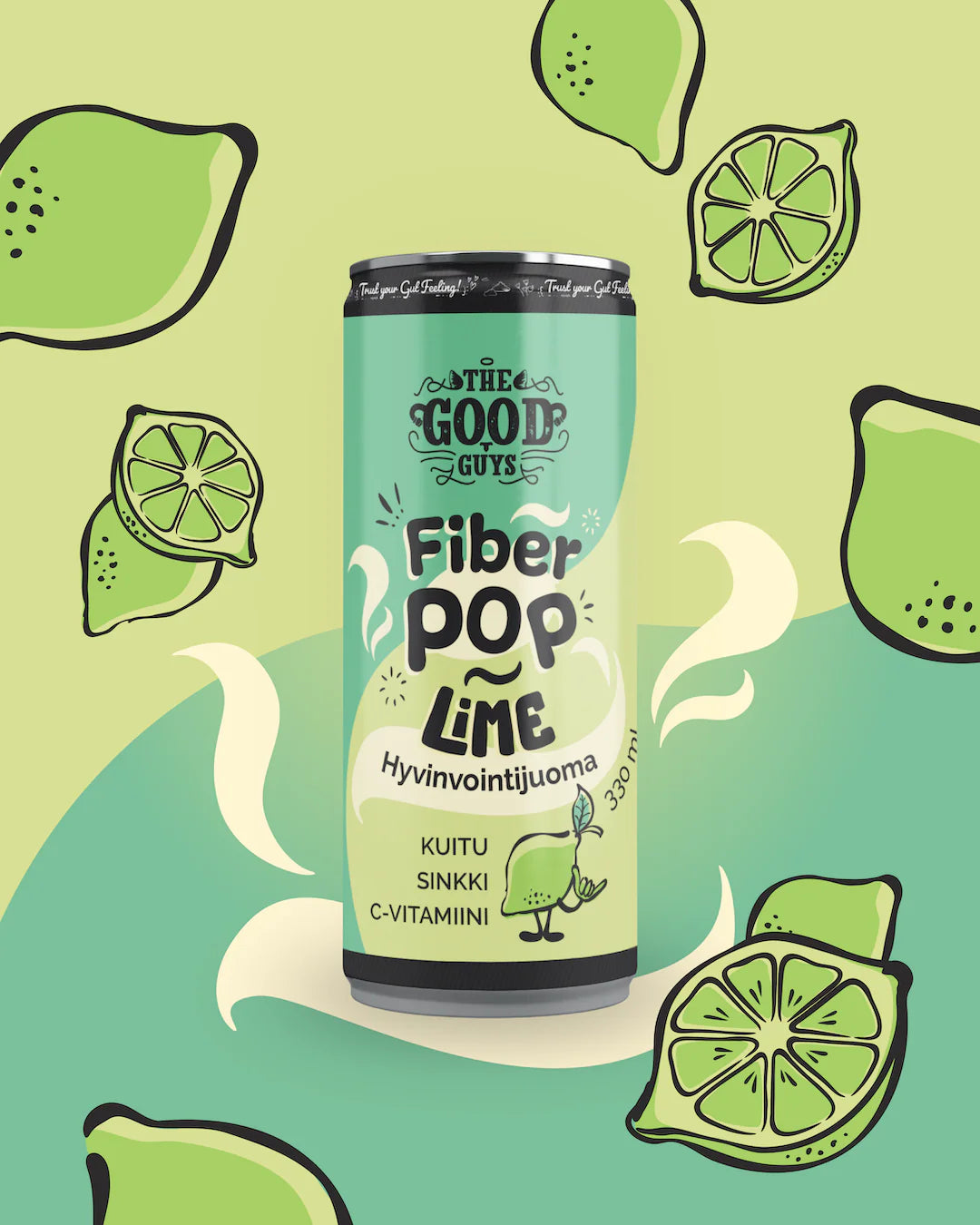 The Good Guys Fiber Pop Lime; tölkki Fiber Pop Lime -juomaa The Good Guys -merkiltä pystyssä, sylinterin muotoinen mattapinnalla; etiketissä lihavoitua groteskikirjasinta; tölkin ympärillä kuvitettuja kokonaisia limettejä ja limettiviipaleita tasaisella vihreällä taustalla; koristeelliset valkoiset kiemurat myös näkyvissä tölkin ympärillä; ei ihmisiä tai toimintaa kuvassa.