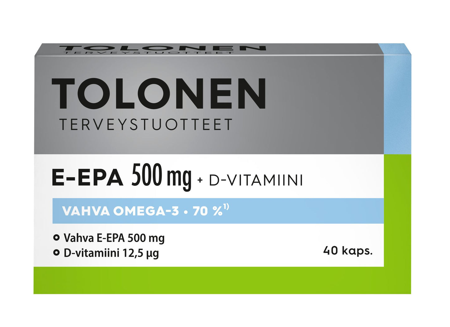 Tolonen Terveystuotteet E-EPA 500 mg + D-vitamiini -pakkaus, valkoinen-sininen-vihreä, omega-3- ja D-vitamiinitiedot, 40 pehmytkapselia; mattapintainen rasia, yksinkertainen groteskiteksti