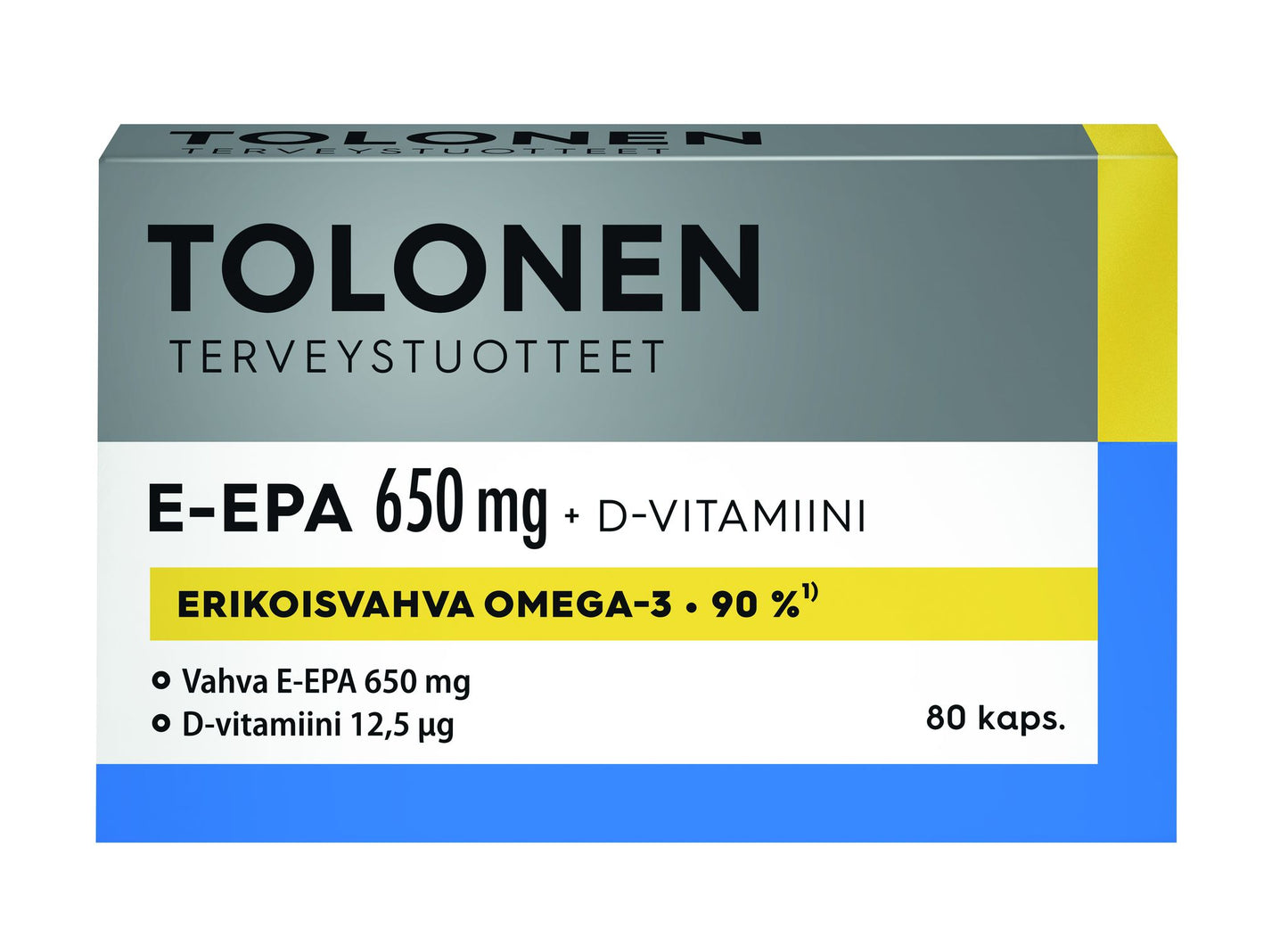 Tolonen E-EPA 650 mg + D-vitamiini -pakkaus, sininen-harmaa-keltainen-valkoinen, teksti omega-3-rasvahapoista ja D-vitamiinista; mattapintainen rasia, iso lihavoitu groteskiteksti