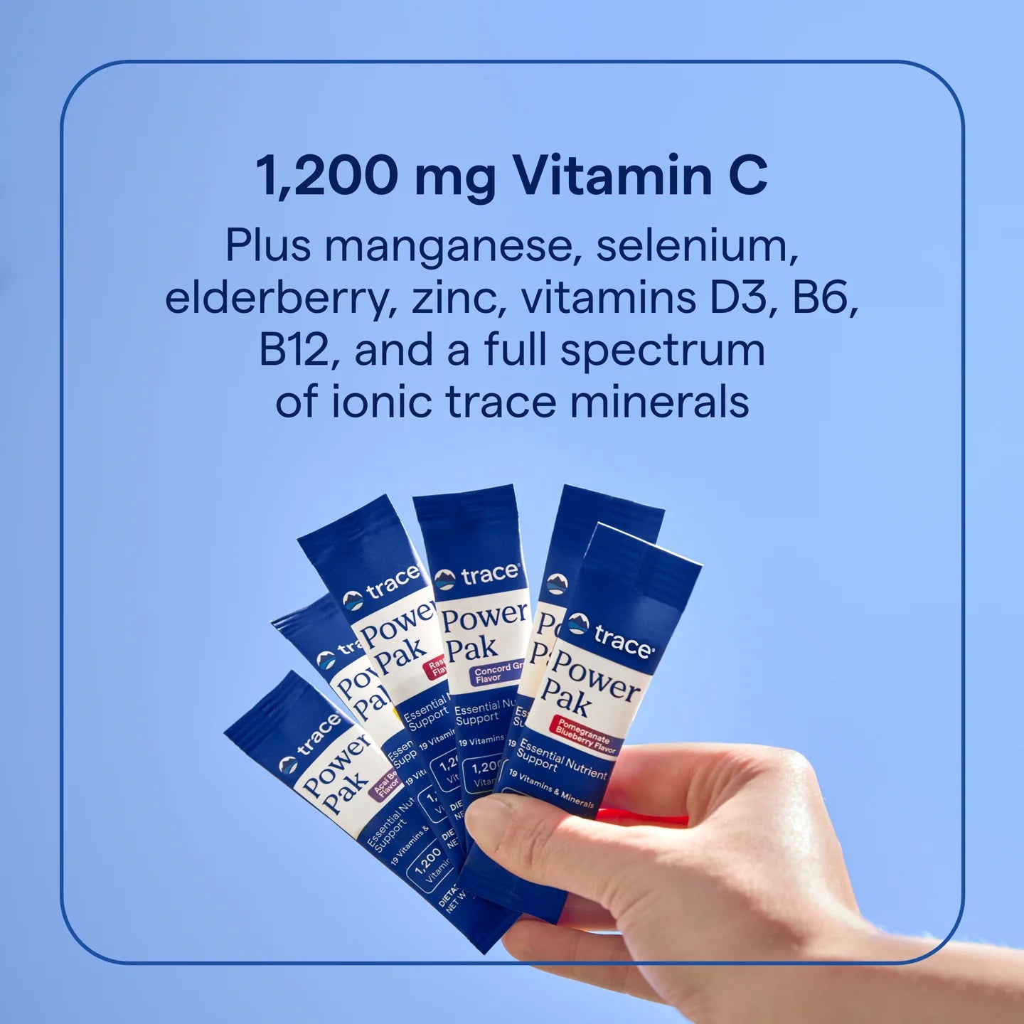 A hand holds several blue foil packets labeled Power Pak by Trace Minerals. Packets have a matte finish, rectangular shape, and simple sans-serif font in white and light blue. Visible label text includes the brand and product name. Text above lists ingredients: 1,200 mg Vitamin C, minerals, elderberry, zinc, vitamins D3, B6, B12, and a spectrum of ionic trace minerals for nourishing hydration. Background is plain white. Shot is close-up with focus on packaging details.