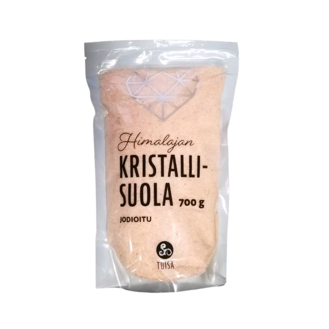 Tuisa Himalajan Jodioitu Kristallisuola 700 g, läpinäkyvä uudelleensuljettava pussi geometrisella kuvioinnilla ja Tuisa-logolla