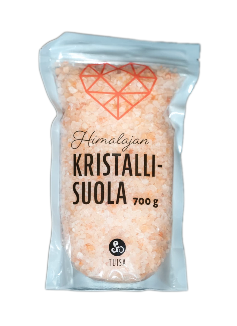 Tuisa Himalajan Ruokasuola karkea -pussi, 700 g, vaaleanpunaisia kiteitä; kirkas muovipakkaus läpinäkyvällä osiolla, punainen sydänkuvio ja musta suomenkielinen groteskiteksti