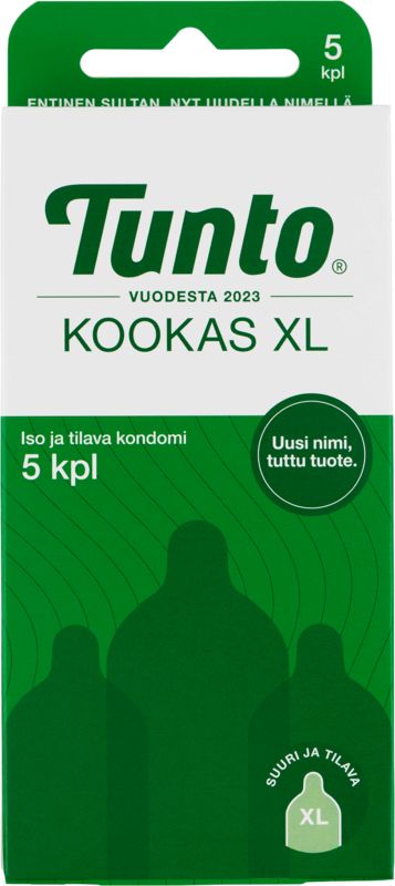 A green and white box of Tunto Kookas XL condoms, featuring text in Finnish and silhouette images of condoms, indicating 5 large-size latex condoms per package. The box is rectangular with a matte finish. Typography on the packaging is bold sans-serif in dark green and black. The background is plain white with no people or hands visible, and the photo shows only the front face of the package.